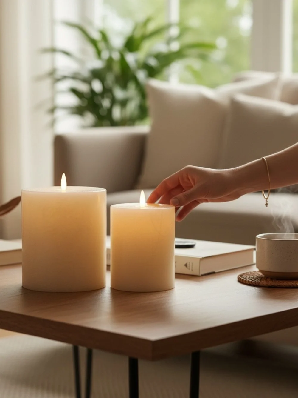 Pottery Barn Premium Flickering Flameless Wax Pillar Candle Bundle- Salt Washed